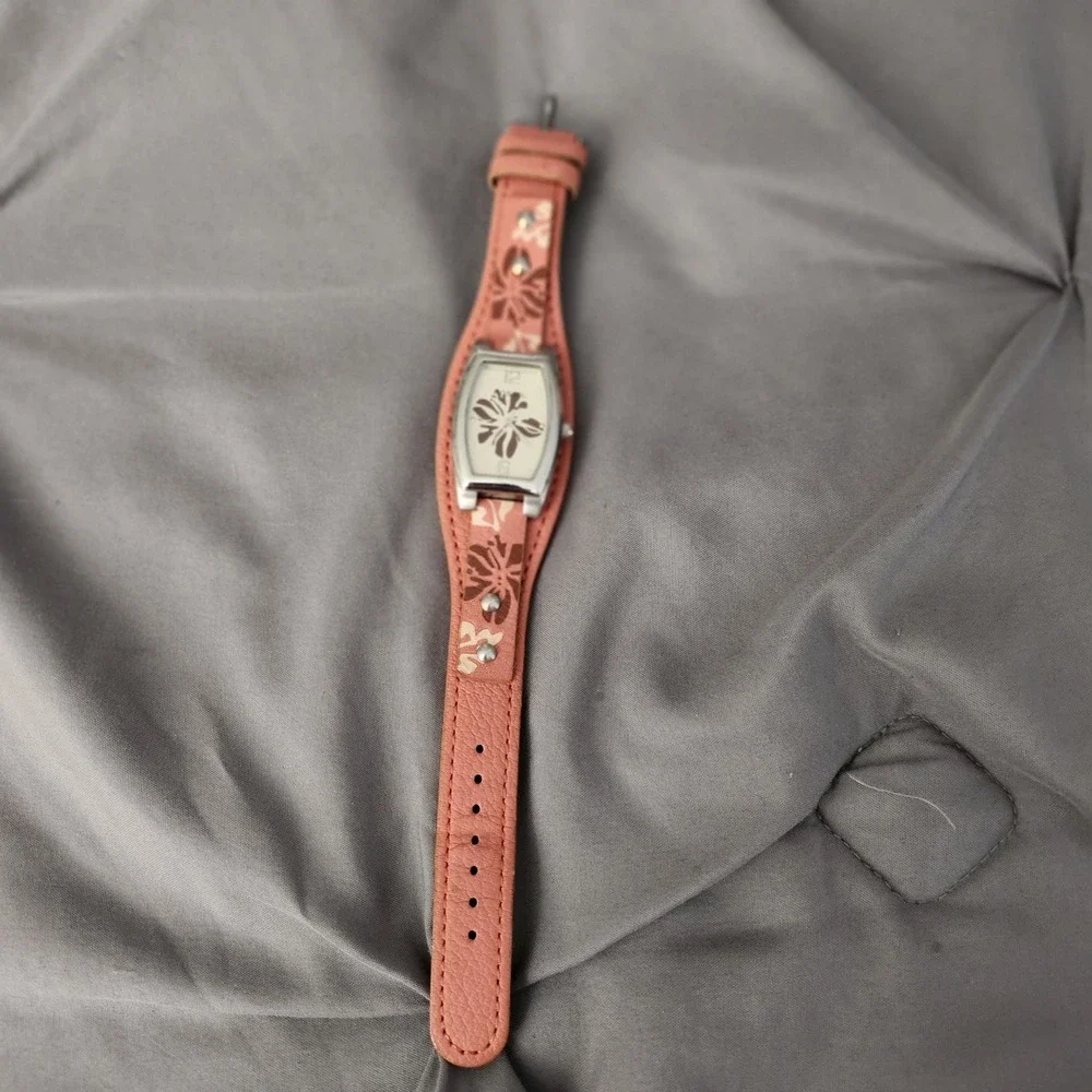 Fossil Womens Pink Leather Cuff Watch Floral Hibiscus Studded Band Rectangular